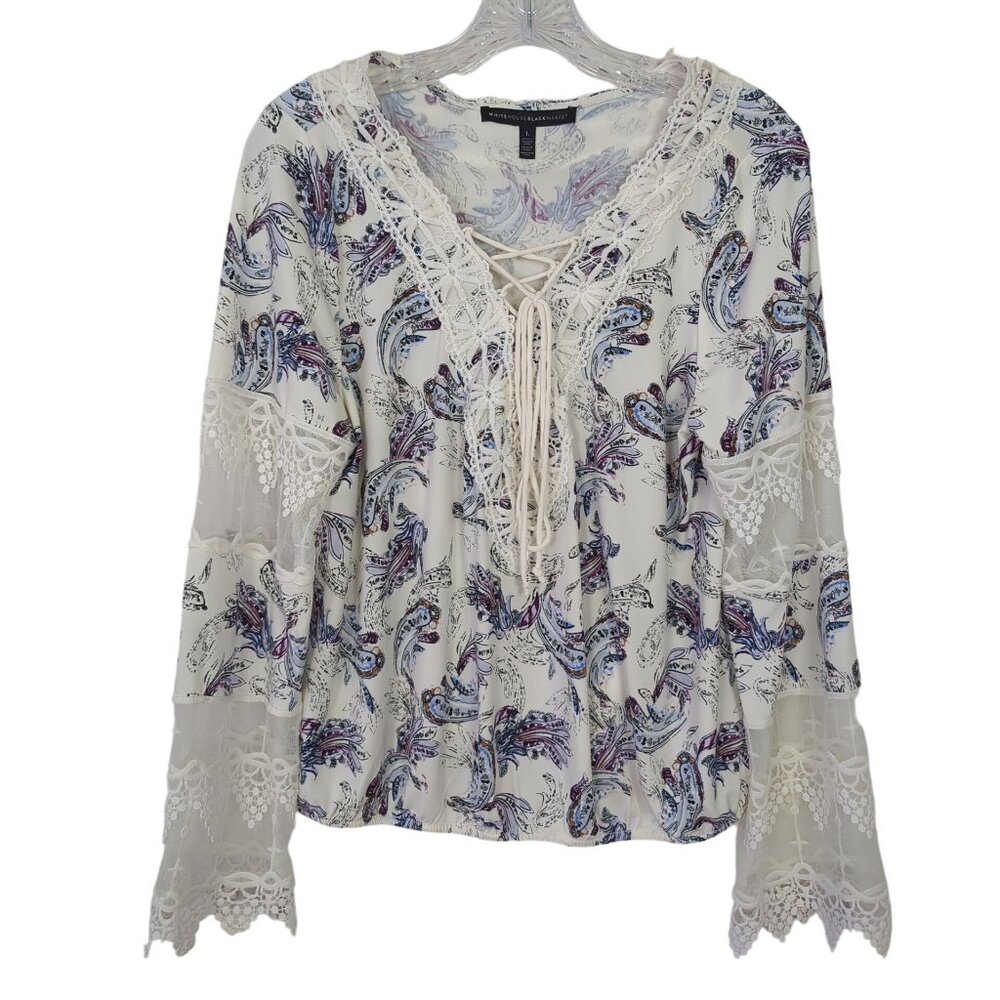 White House Black Market blouse‎ Size L Paisley Print Lace Embroidered Bohemian